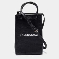 Balenciaga Black Leather Shopping Phone Holder Bag