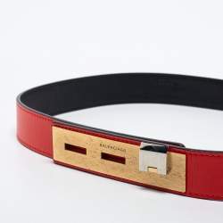 Pre Owned Balenciaga Orange/Black Leather Buckle Belt 80CM