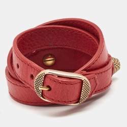 Pre Owned Balenciaga Giant Red Leather Studded Triple Tour Bracelet M