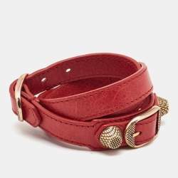 Pre Owned Balenciaga Giant Red Leather Studded Triple Tour Bracelet M
