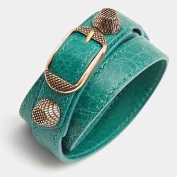Pre Owned Balenciaga Arena Giant Green Leather Triple Tour Wrap Bracelet M