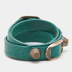Pre Owned Balenciaga Arena Giant Green Leather Triple Tour Wrap Bracelet M