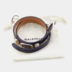 Pre Owned Balenciaga Navy Blue Leather Silver Tone Triple Tour Bracelet