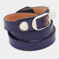 Pre Owned Balenciaga Navy Blue Leather Silver Tone Triple Tour Bracelet