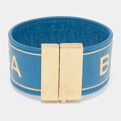 Pre Owned Balenciaga Blue Leather Logo Embossed Gold Tone Bracelet