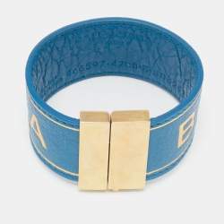 Pre Owned Balenciaga Blue Leather Logo Embossed Gold Tone Bracelet
