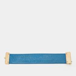 Pre Owned Balenciaga Blue Leather Logo Embossed Gold Tone Bracelet