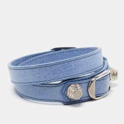 Pre Owned Balenciaga Arena Blue Leather Silver Tone Wrap Bracelet