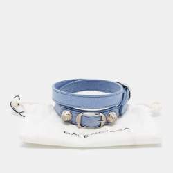 Pre Owned Balenciaga Arena Blue Leather Silver Tone Wrap Bracelet