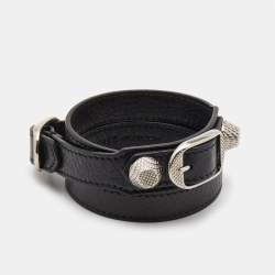 Pre Owned Balenciaga Stud Leather Silver Tone Bracelet