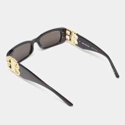 Balenciaga Black/Grey BB0096S Gold Tone Logo Detail Rectangle Sunglasses