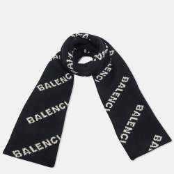 Pre Owned Balenciaga Black/White Logo Intarsia Wool And Camel Hair Scarf