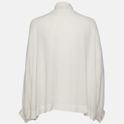 Pre Owned Balenciaga Cream Silk Crepe Neck Tie-Up Top S