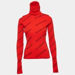 Balenciaga Red Logo Print Rib Knit Turtleneck Sweater M