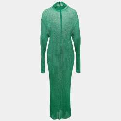 Balenciaga Green Metallic Rib Knit Turtle Neck Maxi Dress S