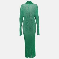 Balenciaga Green Metallic Rib Knit Turtle Neck Maxi Dress S