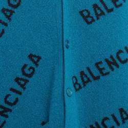 Pre Owned Balenciaga Blue Monogram Jacquard Wool Knit Long Archetype Cardigan L