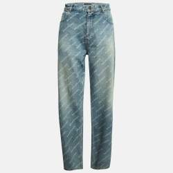 Balenciaga Blue Washed & Distressed Logo Print Denim Unisex Jeans S Waist 34"