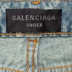 Balenciaga Blue Washed & Distressed Logo Print Denim Unisex Jeans S Waist 34"
