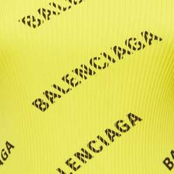 Pre Owned Balenciaga Yellow Logo Print Rib Knit Full Sleeve Top M
