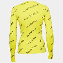Pre Owned Balenciaga Yellow Logo Print Rib Knit Full Sleeve Top M
