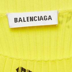 Pre Owned Balenciaga Yellow Logo Print Rib Knit Full Sleeve Top M