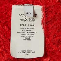 Pre Owned Balenciaga Red Sheer Lace Neck Tie-Up Top M