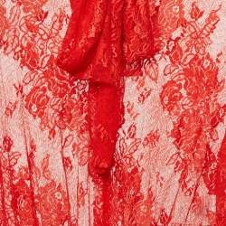 Pre Owned Balenciaga Red Sheer Lace Neck Tie-Up Top M