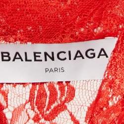 Pre Owned Balenciaga Red Sheer Lace Neck Tie-Up Top M
