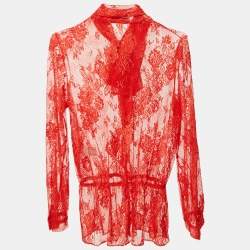 Pre Owned Balenciaga Red Sheer Lace Neck Tie-Up Top M