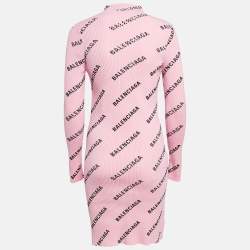 Pre Owned Balenciaga Pink Logo Print Rib Knit Bodycon Dress M