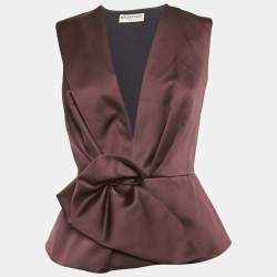 Pre Owned Balenciaga Dark Burgundy Satin Draped Sleeveless Blouse S