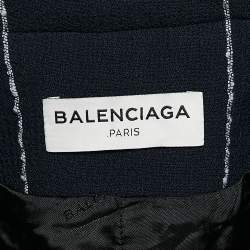 Balenciaga Navy Blue Checkered Wool Mid-Length Coat M