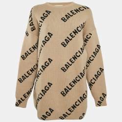 Pre Owned Balenciaga Caramel Brown Allover Logo Wool Oversized Sweater M