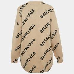 Pre Owned Balenciaga Caramel Brown Allover Logo Wool Oversized Sweater M
