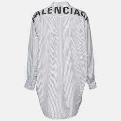 Pre Owned Balenciaga Black/White Logo Print Stripe Cotton Oversized Shirt S