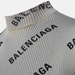 Pre Owned Balenciaga Allover Logo Rib Knit Wrap Midi Dress S