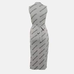 Pre Owned Balenciaga Allover Logo Rib Knit Wrap Midi Dress S
