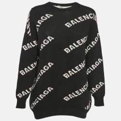 Pre Owned Balenciaga Black Logo All Over Wool Rib Knit Sweater S