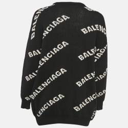 Pre Owned Balenciaga Black Logo All Over Wool Rib Knit Sweater S