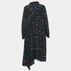 Balenciaga Black Stripe Logo All Over Print Silk Ruffled Midi Dress S