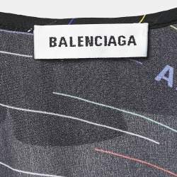 Balenciaga Black Stripe Logo All Over Print Silk Ruffled Midi Dress S