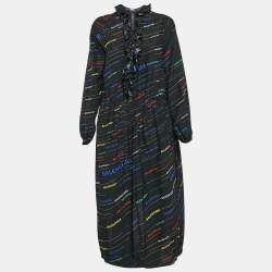 Balenciaga Black Stripe Logo All Over Print Silk Ruffled Midi Dress S