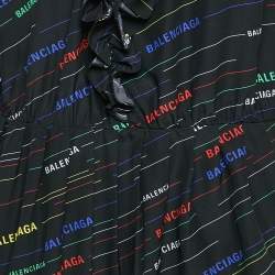 Balenciaga Black Stripe Logo All Over Print Silk Ruffled Midi Dress S