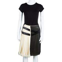 Pre Owned Balenciaga Cream Silk Contrast Embellished Belt Detail Pleated Skirt M