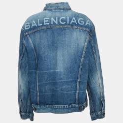 Pre Owned Balenciaga Blue Logo Print Ripped Collar Denim Oversized Jacket M