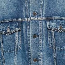Pre Owned Balenciaga Blue Logo Print Ripped Collar Denim Oversized Jacket M