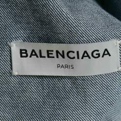 Pre Owned Balenciaga Blue Logo Print Ripped Collar Denim Oversized Jacket M