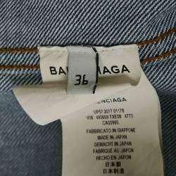 Pre Owned Balenciaga Blue Logo Print Ripped Collar Denim Oversized Jacket M