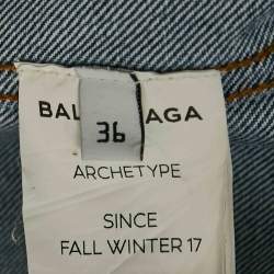 Pre Owned Balenciaga Blue Logo Print Ripped Collar Denim Oversized Jacket M